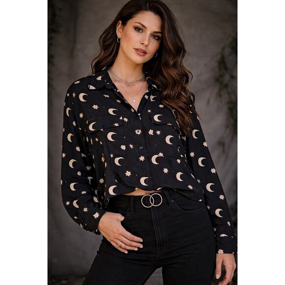 Forever 21 Tops - Forever 21 Moon Star Blouse M Black Celestial Button Up Witchy Goth Astrology